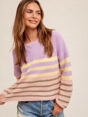 HEM & THREAD Striped Long Sleeve Knit Sweater Kawaii Pastel NWT